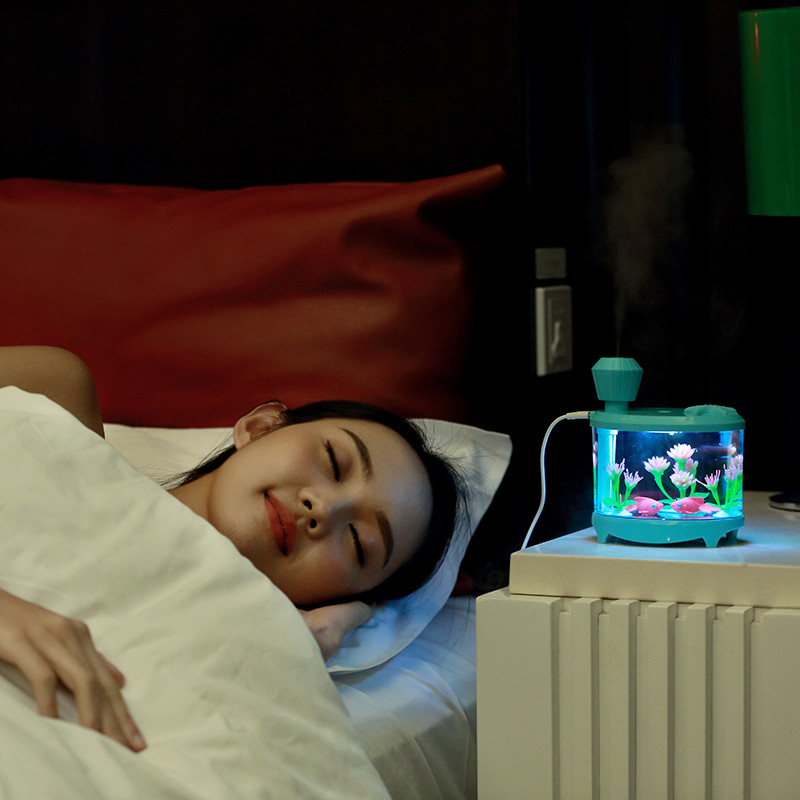 Gyönyörű Fishtank párásító 460 ml nagy kapacitású USB diffúzor otthoni irodai asztali színes puha éjszakai fény légpárásító