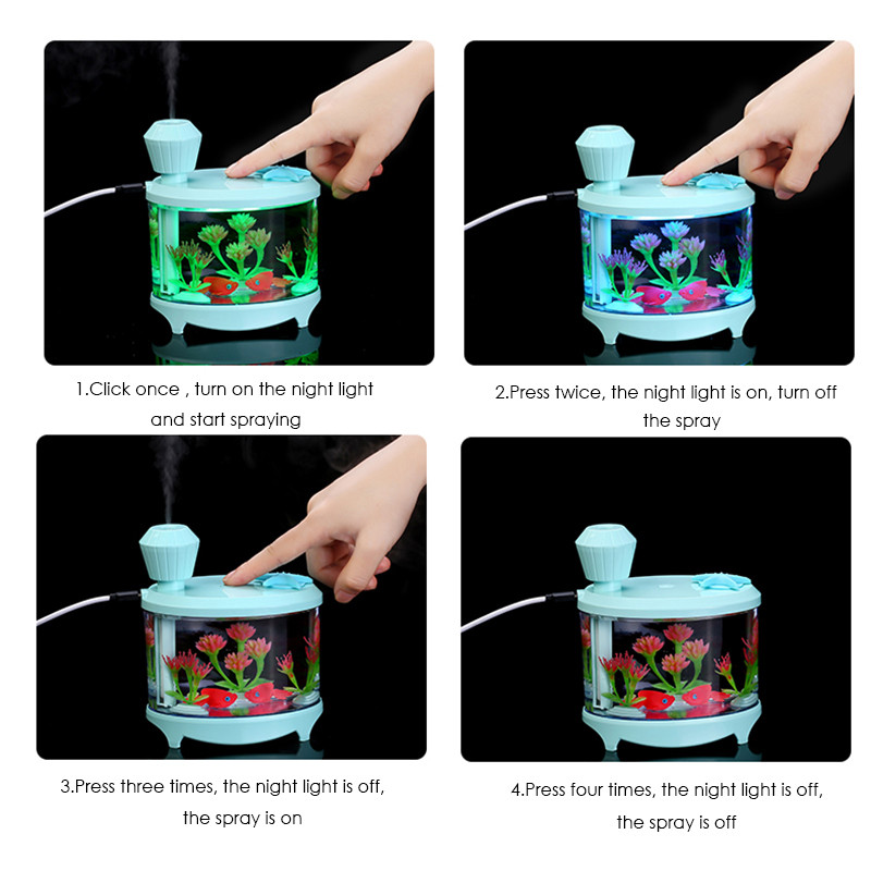 Gyönyörű Fishtank párásító 460 ml nagy kapacitású USB diffúzor otthoni irodai asztali színes puha éjszakai fény légpárásító