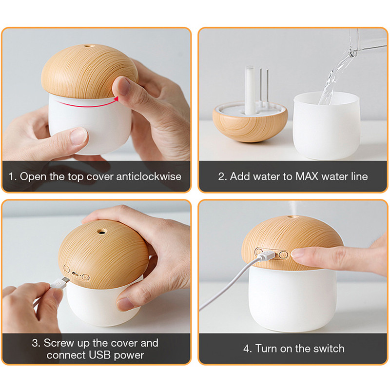 250 ml-es mini párásító USB aroma diffúzor otthoni baba autós irodai légpárásító aranyos gombás párás párásító éjszakai lámpákkal