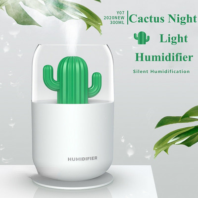 Cactus Ultraskaņas gaisa mitrinātājs 300ml USB mini ūdens difuzors miglas veidotājs mīksts silts LED nakts apgaismojums biroja mājas automašīnai