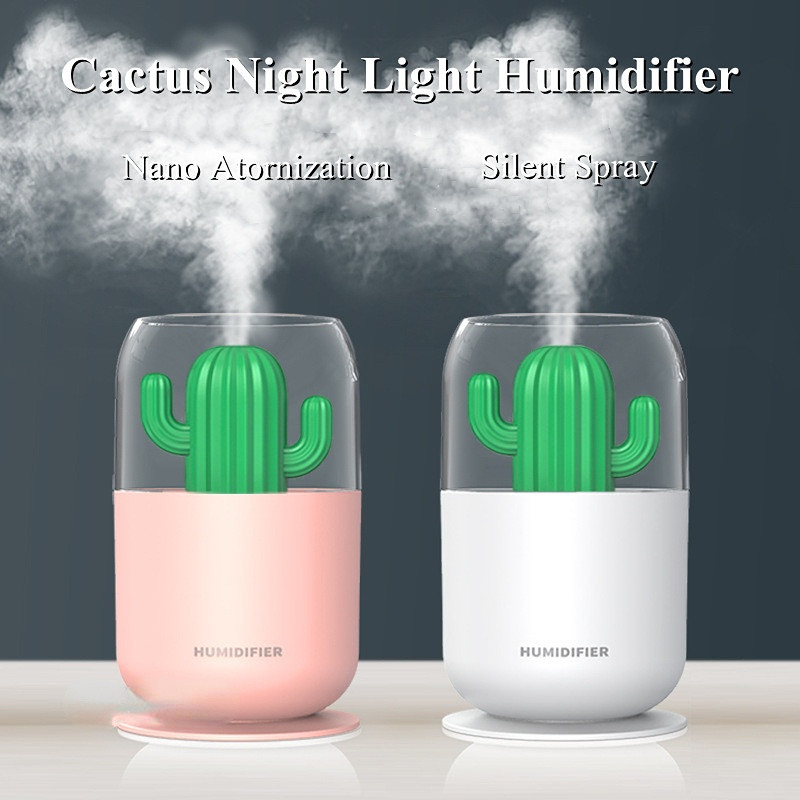 Cactus Ultrahangos légpárásító 300ml USB Mini vízdiffúzor ködkészítő puha meleg LED éjszakai lámpa irodai otthoni autóhoz