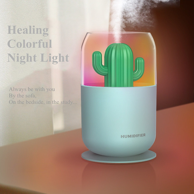 Cactus Ultrahangos légpárásító 300ml USB Mini vízdiffúzor ködkészítő puha meleg LED éjszakai lámpa irodai otthoni autóhoz