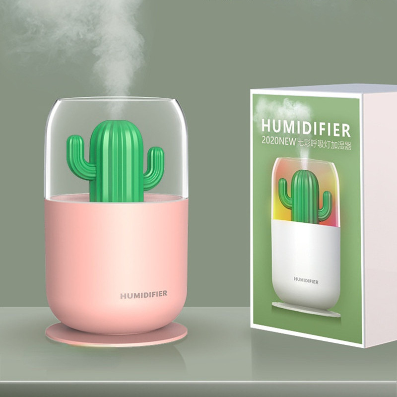 Cactus Ultrahangos légpárásító 300ml USB Mini vízdiffúzor ködkészítő puha meleg LED éjszakai lámpa irodai otthoni autóhoz