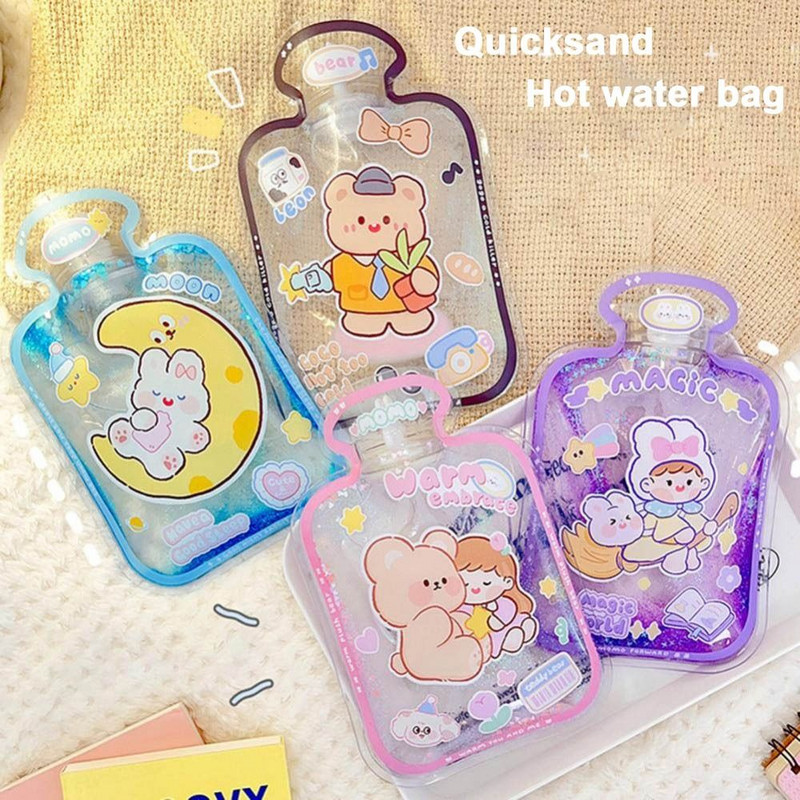 Kawaii Iepure Urs Încălzitor de mâini cu nisip mișcător Student Girl Geantă cu apă fierbinte Capac ermetic de desene animate Geanta cu apă izolată Husă caldă