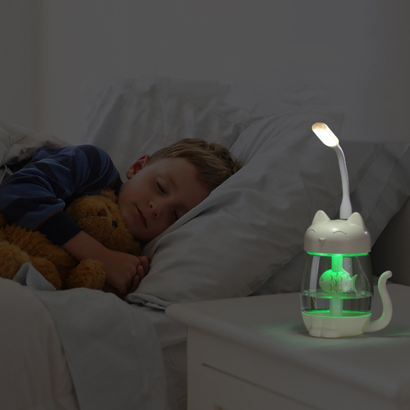 Umidificator de aer pentru pisici de 350 ml, cu lumină LED colorată, cu ultrasunete 3 în 1, adorabil pisica mănâncă pește umidificator USB difuzor de arome Fogger