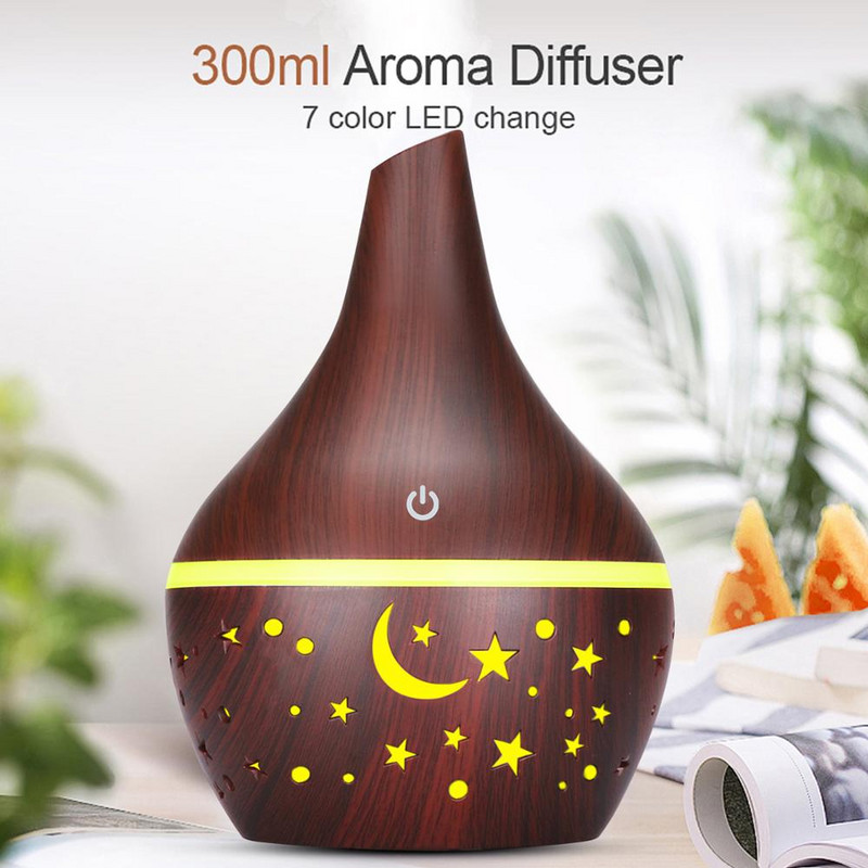 300 ml aromaterápiás párásító USB illóolaj diffúzor, beltéri párásítóhoz Wood Grain ultrahangos Cool Mist párásító