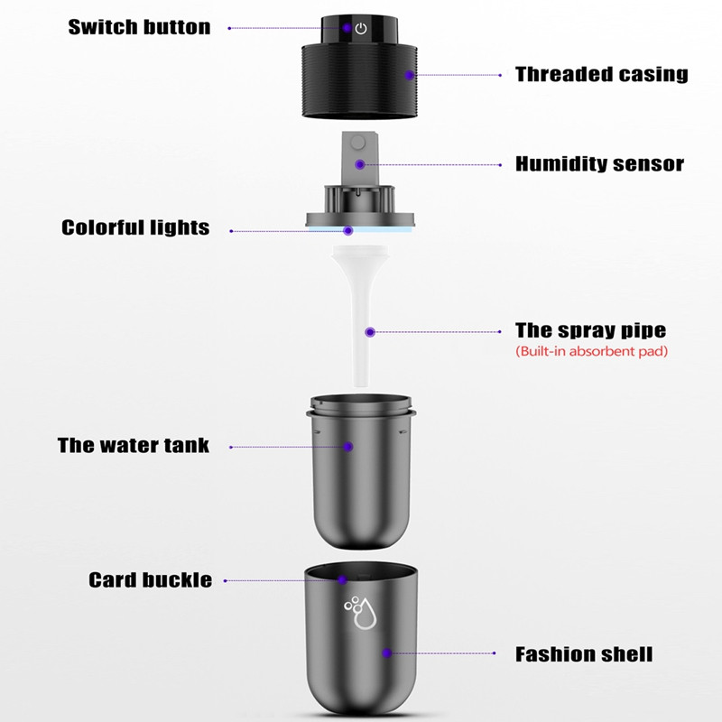 Usb autós illóolaj diffúzor légfrissítő, színes led lámpák 200 ml otthoni aromaterápiás párásító, szakaszos üzemmód 7 óra