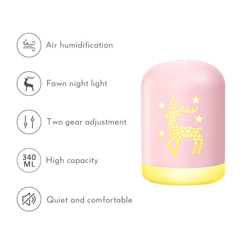 340 ml USB Deer õhuniisutaja Cartoon Aroma eeterlike õlide difuusor Ultraheli LED Nightlight õhuniisutaja Fogger jõulukink