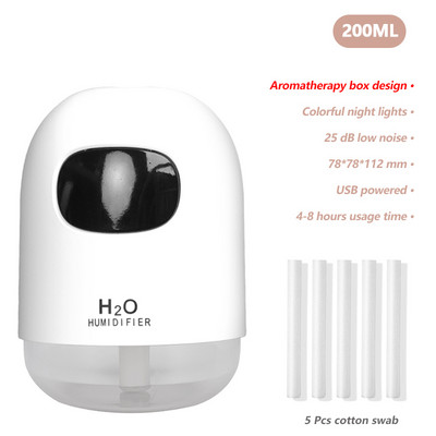 200 ml valge mini õhuniisutaja aroomi eeterlike õlide difuusor koos romantilise lambiga USB Mist Maker aroomiteraapia niisutajad koduks