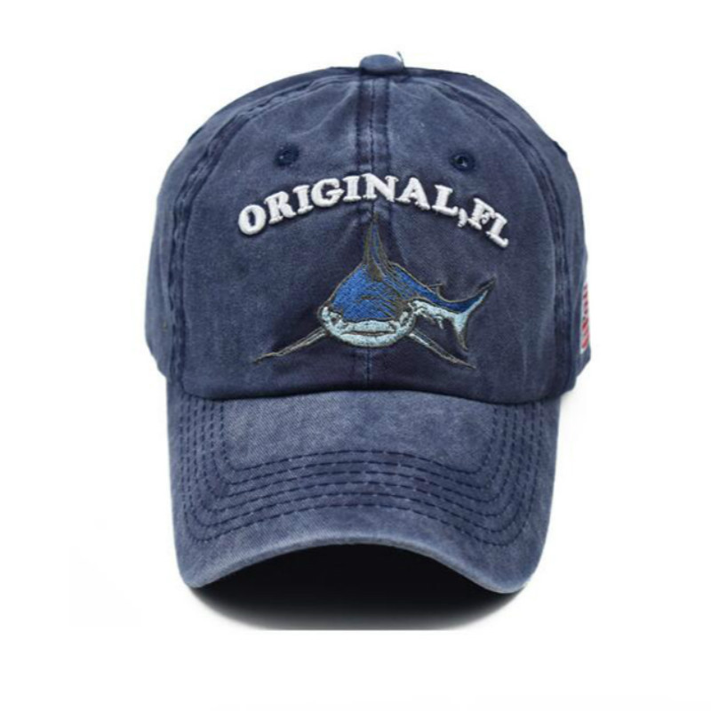 Hímzés Mosott pamut cápa apa sapka férfiaknak Vintage baseball sapka Hip Hop ívelt horgászsapka Nyári Fish Snapback női sapka