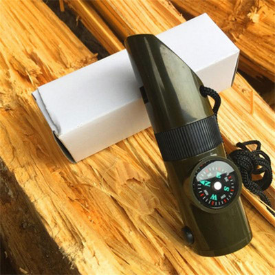 Fluier multifuncțional 7 în 1 Termometru Trekking Lupă Torță Oglindă Lumină LED Fluier de supraviețuire pentru camping în aer liber