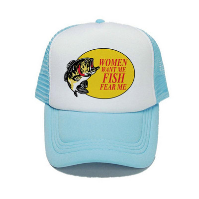 Γυναίκες με θέλουν ψάρι Fear Me Καπέλο του μπέιζμπολ Αστεία εκτύπωση Καπέλο ψαρέματος φορτηγού για ενήλικες Unisex Καλοκαιρινό ψάρεμα αναπνεύσιμο διχτυωτό καπέλο YY380