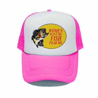 Γυναίκες με θέλουν ψάρι Fear Me Καπέλο του μπέιζμπολ Αστεία εκτύπωση Καπέλο ψαρέματος φορτηγού για ενήλικες Unisex Καλοκαιρινό ψάρεμα αναπνεύσιμο διχτυωτό καπέλο YY380
