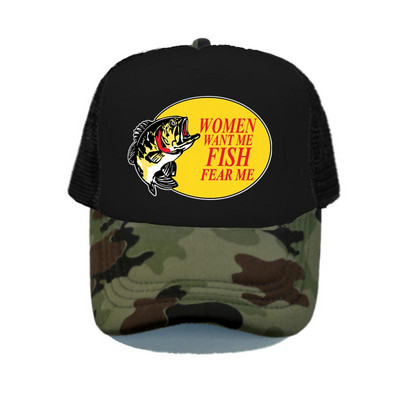Γυναίκες με θέλουν ψάρι Fear Me Καπέλο του μπέιζμπολ Αστεία εκτύπωση Καπέλο ψαρέματος φορτηγού για ενήλικες Unisex Καλοκαιρινό ψάρεμα αναπνεύσιμο διχτυωτό καπέλο YY380