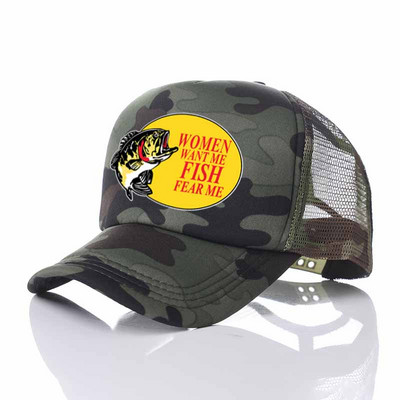 Γυναίκες με θέλουν ψάρι Fear Me Καπέλο του μπέιζμπολ Αστεία εκτύπωση Καπέλο ψαρέματος φορτηγού για ενήλικες Unisex Καλοκαιρινό ψάρεμα αναπνεύσιμο διχτυωτό καπέλο YY380