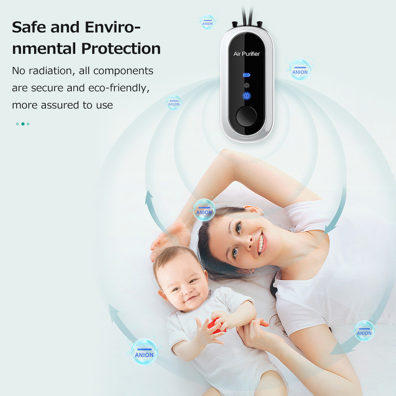 Mini légtisztító Hordozható függő nyakú Anion légtisztítók Gyors tisztítás, magas/alacsony sebességfokozat beállításával beépített akkumulátor