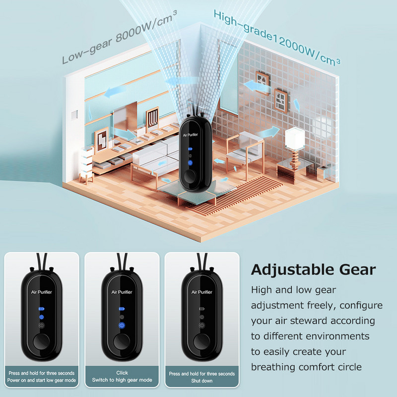 Mini légtisztító Hordozható függő nyakú Anion légtisztítók Gyors tisztítás, magas/alacsony sebességfokozat beállításával beépített akkumulátor