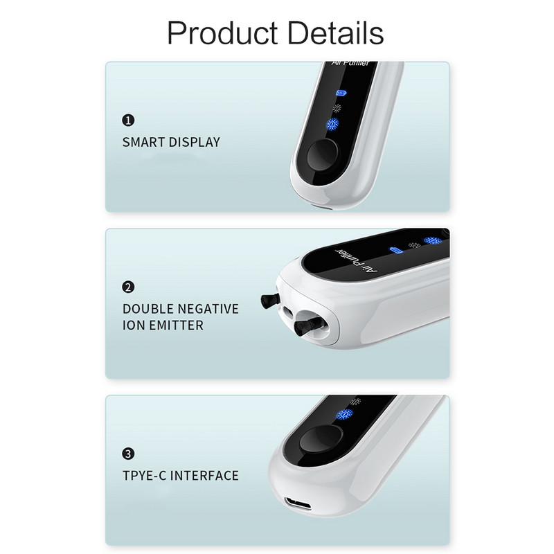 Mini légtisztító Hordozható függő nyakú Anion légtisztítók Gyors tisztítás, magas/alacsony sebességfokozat beállításával beépített akkumulátor