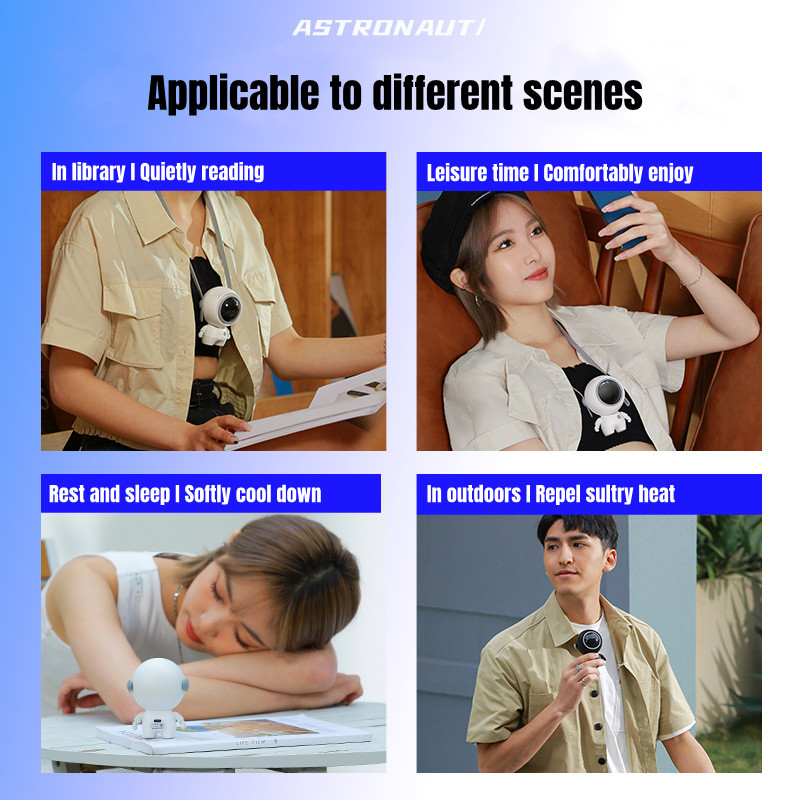 Mini ventilator de mână portabil fără fir astronaut, reîncărcabil prin USB, 900 mAh, funcționat cu baterie, siguranță fără frunze, ventilator de răcire cu aer pentru gât