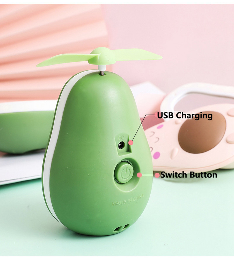 Mini Usb Charging Multifunctional Led Makeup Καθρέφτης και ανεμιστήρας 2 σε 1 Ενσωματωμένο Cute σχήμα αβοκάντο, πρακτική φορητή χειρολαβή