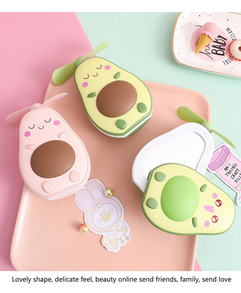 Mini Usb Charging Multifunctional Led Makeup Καθρέφτης και ανεμιστήρας 2 σε 1 Ενσωματωμένο Cute σχήμα αβοκάντο, πρακτική φορητή χειρολαβή