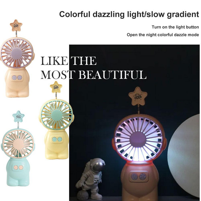 2 az 1-ben Astronaut mini ventilátor lámpákkal Kézi hűtőventilátor USB töltőventilátor Hordozható ventilátor éjszakai lámpaként használható