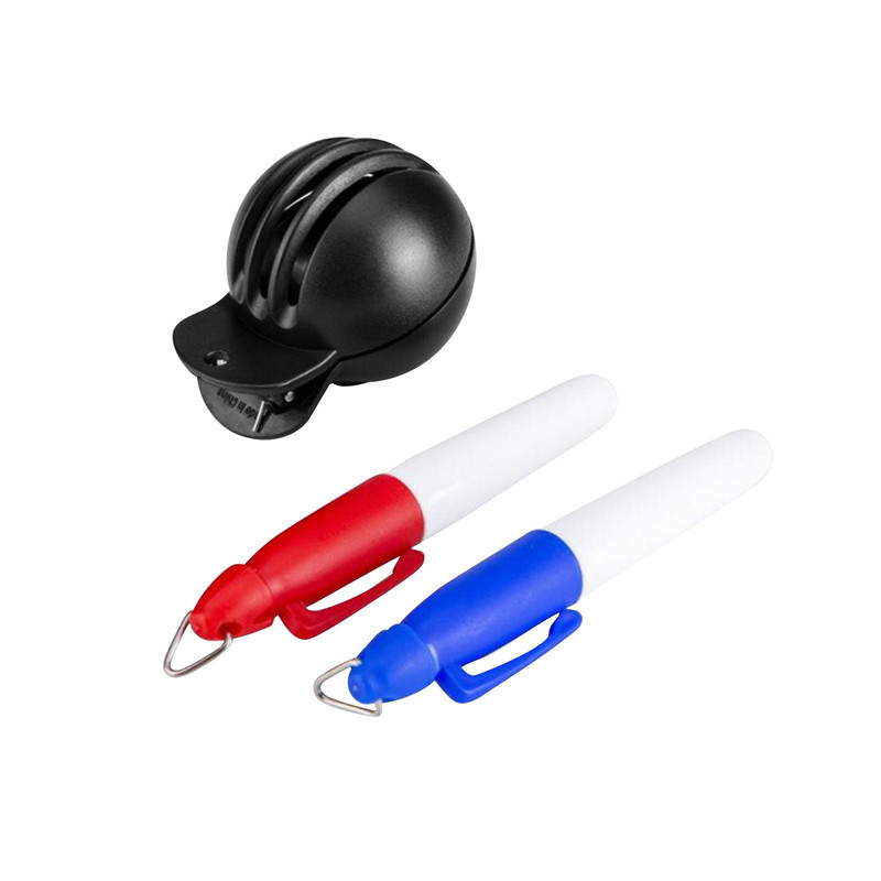 Golfo kamuoliukų žymeklio lygiavimo įrankio linijos brėžinys su žymekliais, skirtais drožlių priedams