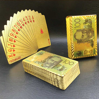 Uus värviline kuldne pokkeri valuuta muster Kuldsed mängukaardid veekindlad PET/PVC plastist pokkeri dollarid EUR JPY GBP