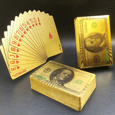 Uus värviline kuldne pokkeri valuuta muster Kuldsed mängukaardid veekindlad PET/PVC plastist pokkeri dollarid EUR JPY GBP
