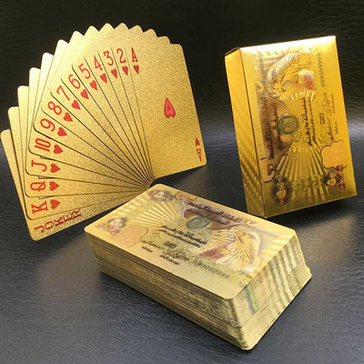 Uus värviline kuldne pokkeri valuuta muster Kuldsed mängukaardid veekindlad PET/PVC plastist pokkeri dollarid EUR JPY GBP