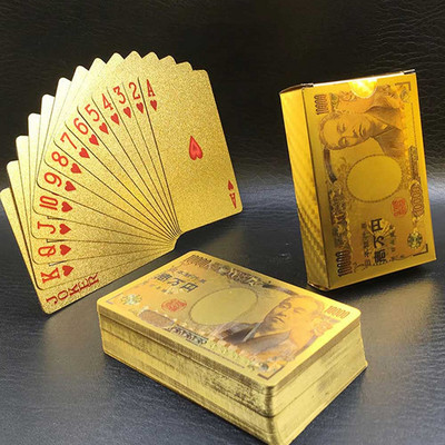 Uus värviline kuldne pokkeri valuuta muster Kuldsed mängukaardid veekindlad PET/PVC plastist pokkeri dollarid EUR JPY GBP