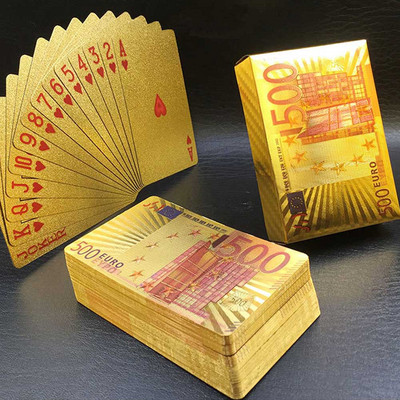 Uus värviline kuldne pokkeri valuuta muster Kuldsed mängukaardid veekindlad PET/PVC plastist pokkeri dollarid EUR JPY GBP