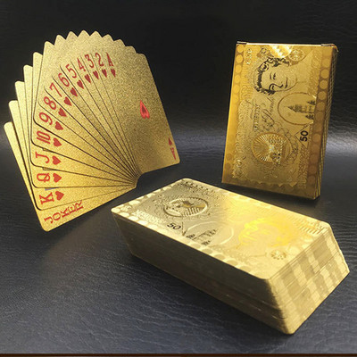 Uus kuldvaluuta muster Kuldsed mängukaardid veekindlad PET/PVC plastist pokkeridollarid EUR JPY GBP
