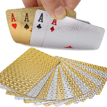 24-каратово злато Карти за игра Водоустойчиви USD EUR Модел Сребърно фолио Покер маса Игра на открито Развлечение Пластмасови магически карти 55 БР.