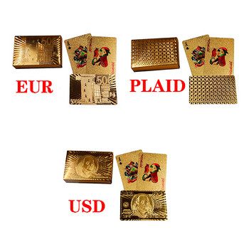 Κάρτες παιχνιδιού 24 καρατίων χρυσού αδιάβροχο USD EUR Μοτίβο Ασημένιο φύλλο πόκερ Επιτραπέζιο παιχνίδι για ελεύθερο χρόνο, πλαστικές μαγικές κάρτες 55 ΤΕΜ.