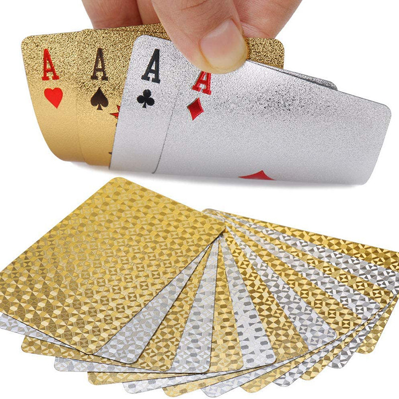 Cărți de joc din aur de 24K, rezistente la apă, model USD EUR, folie de argint, cărți de poker, joc de masă, în aer liber, cărți magice din plastic, 55 buc.