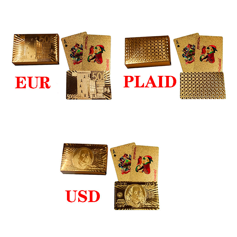 Cărți de joc din aur de 24K, rezistente la apă, model USD EUR, folie de argint, cărți de poker, joc de masă, în aer liber, cărți magice din plastic, 55 buc.