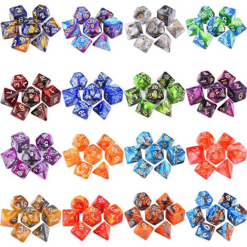 7-kockás, kétszínű poliéderes kocka D20 D12 D10 D% D8 D6 D4 komplett készlet TRPG DND kockajátékokhoz