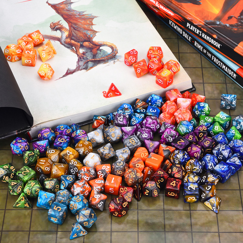 7-kockás, kétszínű poliéderes kocka D20 D12 D10 D% D8 D6 D4 komplett készlet TRPG DND kockajátékokhoz