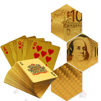Kuldsed mängukaardid Kuldfooliumiga pokkerikomplekt Euro Dollar Grid Kuldne plastkilega pokker Vastupidavad veekindlad kaardid