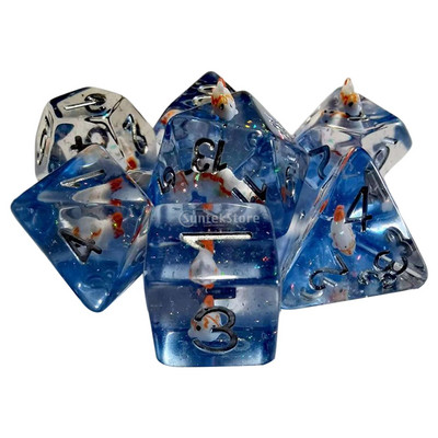 7x mitmetahulised täringud, sisseehitatud kalad ujuvad kerged mitmepoolsed RPG täringud lastele mänguasjadele Rollimängulaua lauamäng