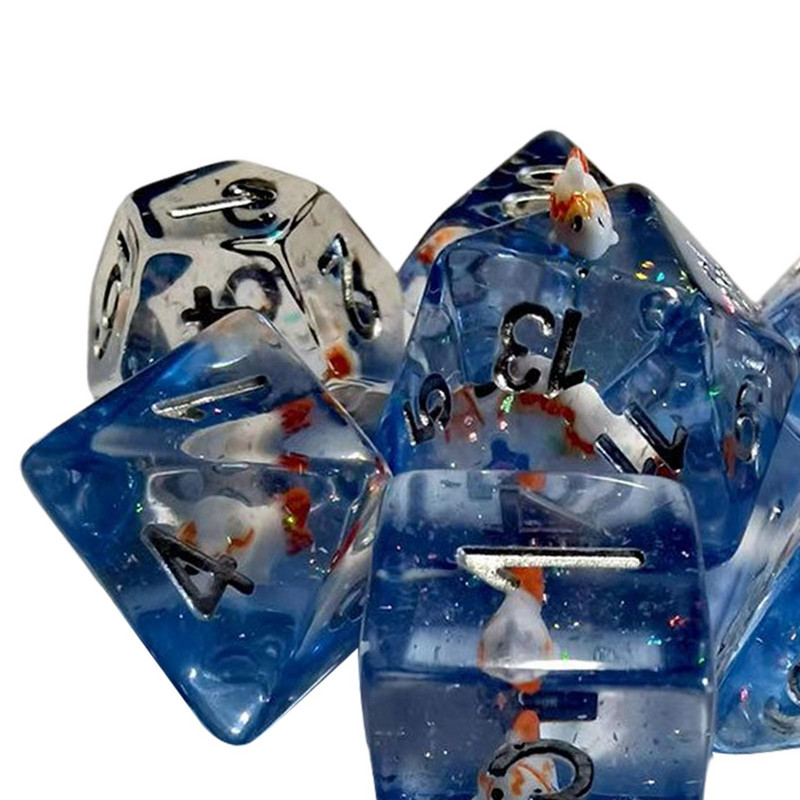 7x mitmetahulised täringud, sisseehitatud kalad ujuvad kerged mitmepoolsed RPG täringud lastele mänguasjadele Rollimängulaua lauamäng