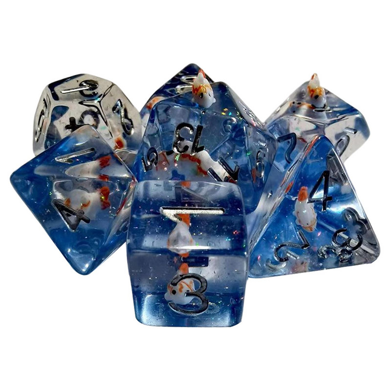 7x mitmetahulised täringud, sisseehitatud kalad ujuvad kerged mitmepoolsed RPG täringud lastele mänguasjadele Rollimängulaua lauamäng