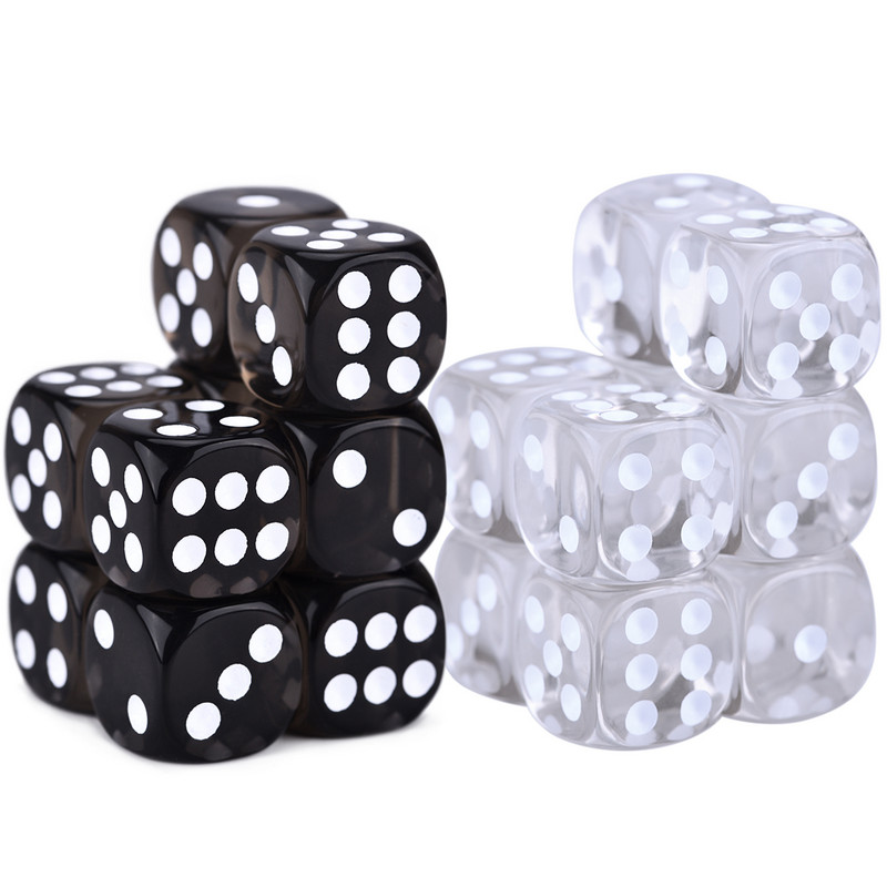 10 D6 täringut 16 mm kuuepoolse nurgaga ümara nurgaga matriit lauamängude jaoks – läbipaistmatu, läbipaistev