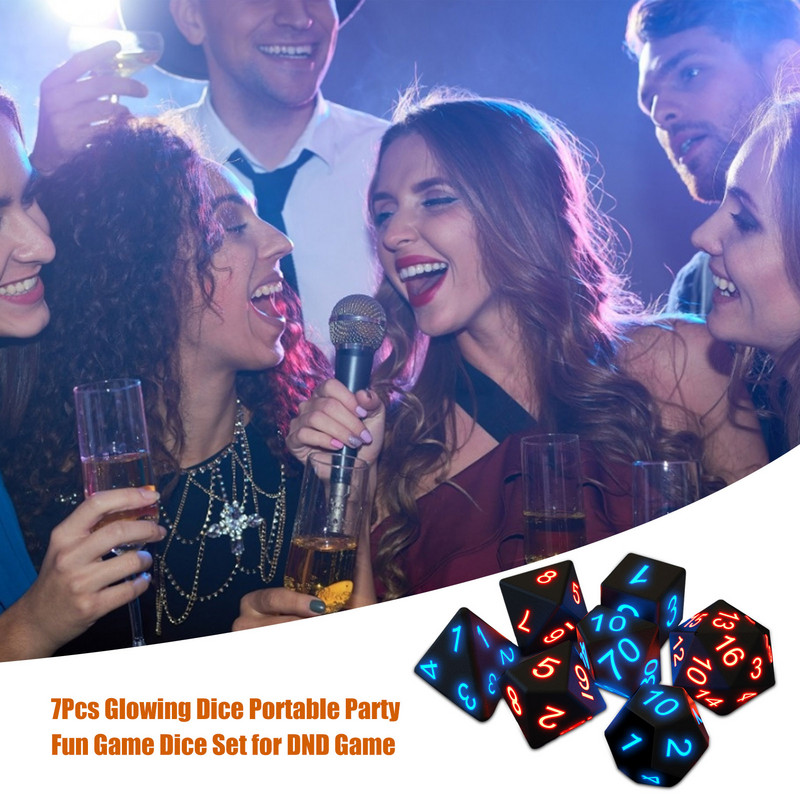 7 tk helendavad täringud kaasaskantav pidu, 6-poolne noctilucent lõbus mängutäringukomplekt DND-mängu jaoks helendavad täringud joogiriistad