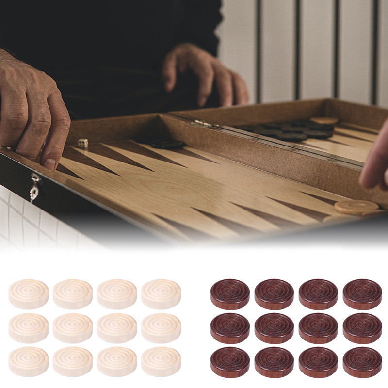 24vnt/komplektas Medinės apvalios šaškės Backgammon Priedai Didelės figūros Šachmatų žaidimo reikmenys Dviejų spalvų kiekvienas 12vnt stalo žaidimams