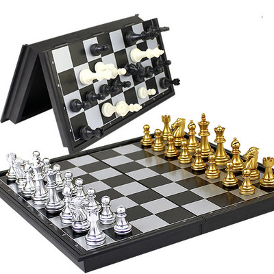 Set table de șah Tabla de șah din metal auriu argintiu pliabil cu buzunar magnetic Echecs Voyage șah portabil pentru copii de înaltă calitate