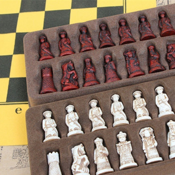 Αντίκα Σκάκι Μικρή Δερμάτινη Πίνακας Σκακιού Qing Bing Ζωντανή Σκακιστική Πιόνια Χαρακτήρες Δώρα Γονέων Διασκέδαση Ρητίνη Φιγούρες