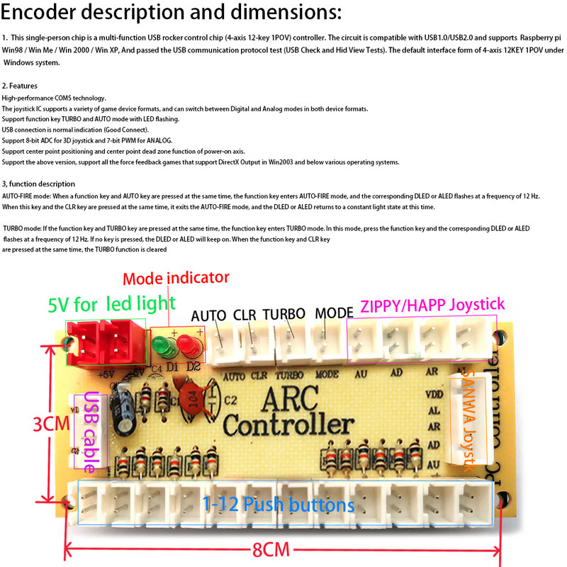 1 Arcade Zero Delay USB kursorsviras kodētājs PCB galda spēļu stick kontrolieris dators un Raspberry Pi viena atskaņotāja vadība bez kabeļa