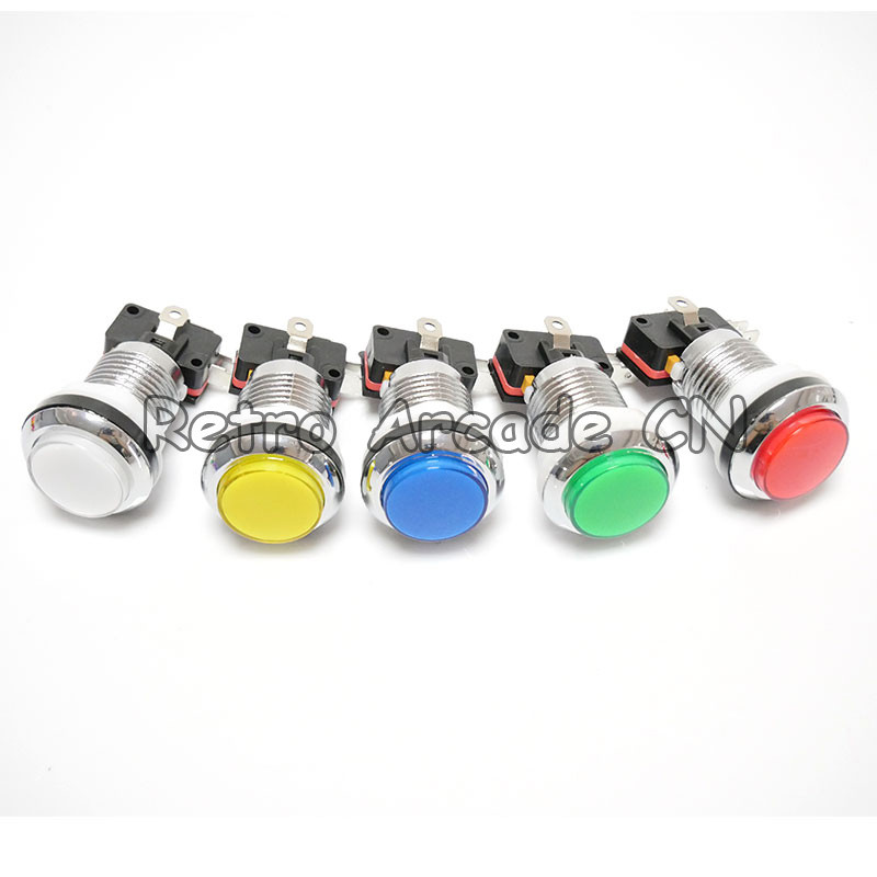 33 mm skersmens 28 mm tvirtinimo anga CHROME padengtas apšviestas 12v LED arkadinis mygtukas su 5 spalvų mikrojungikliu